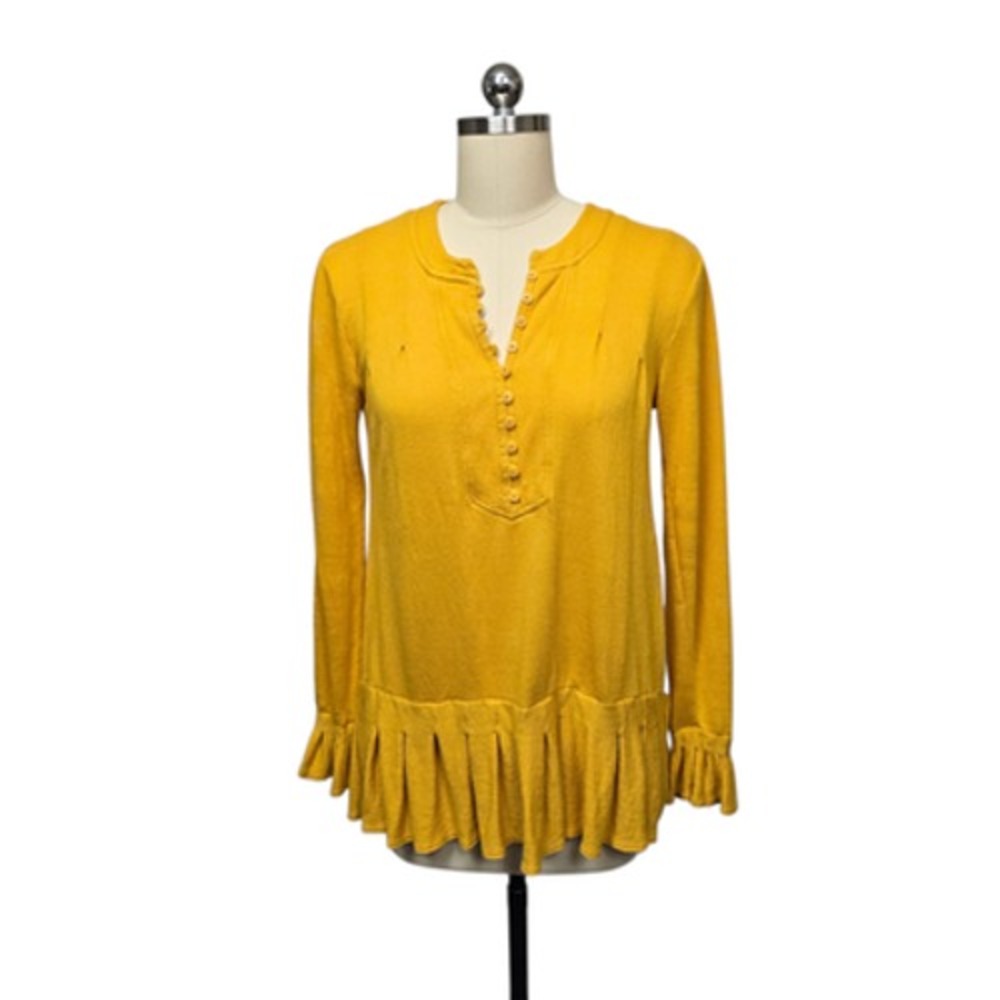 Free People Shirt Womens‎ Medium Yellow Tunic Henley Ruffle Hem Long Sleeve Boho